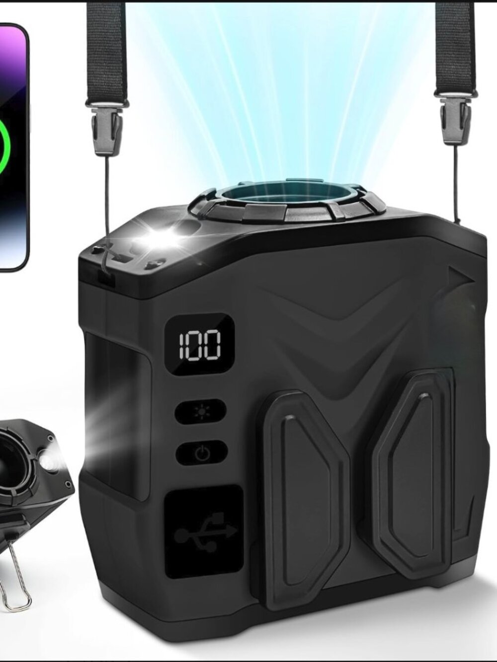Rechargeable Personal Wearable Multi-Use Fan with LED Flashlight